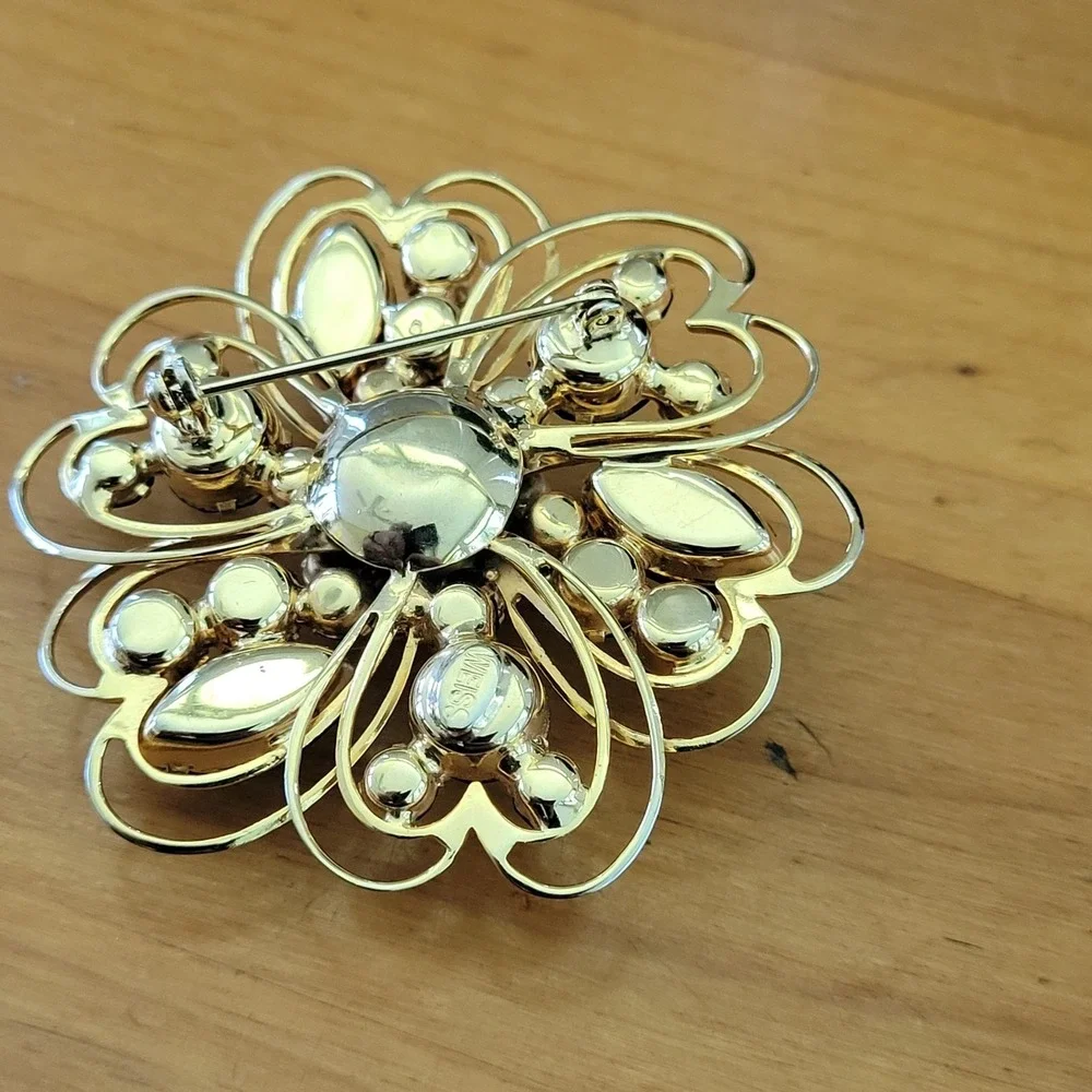 Vintage WEISS Black Rhinestone Flower Brooch Aurora Borealis Gold Tone Pin